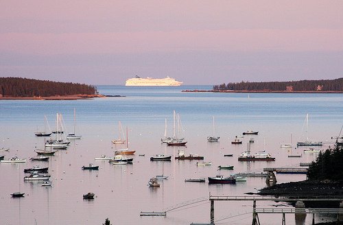 A cruiseship in the background at Bar Harbor, Maine, USA.